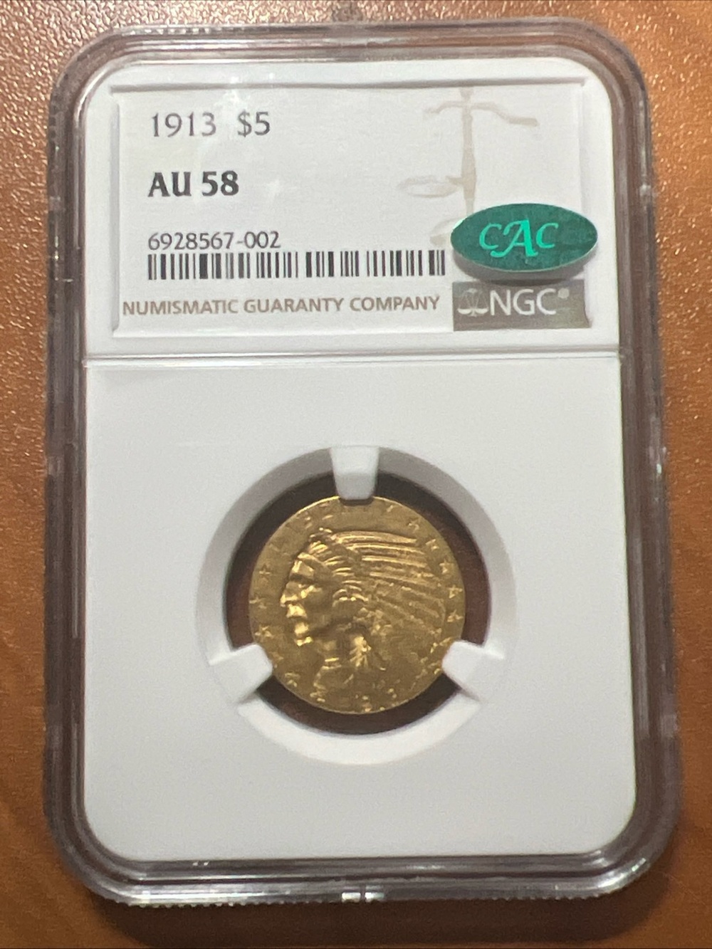 1913 INDIAN HEAD $5 HALF EAGLE GOLD COIN NGC & CAC AU58 CERTIFIED